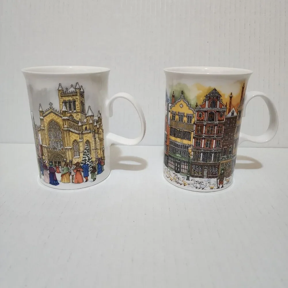 (2) Dunoon Bone China Mugs England Sue Scullard Christmas Time Carriage & Geese